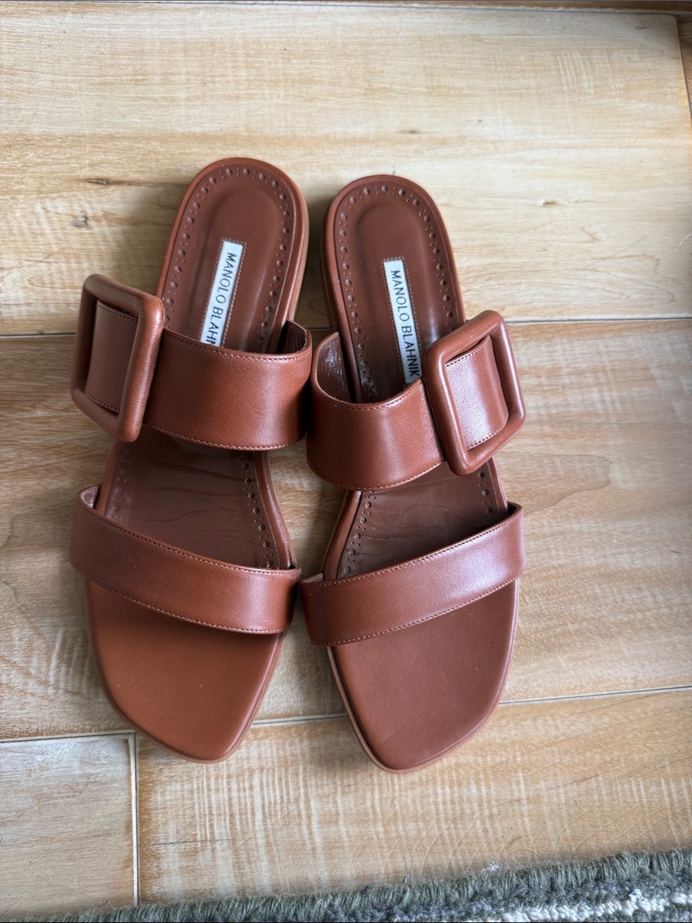 Manolo Blahnik Tan Leather Slide Mules with Buckle Accent